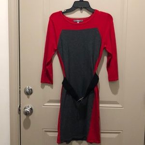 Red and Grey dress.